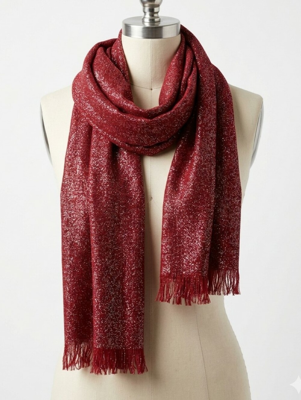 Elegant Red & Silver Metallic Shimmer Sparkle Festive Scarf Fringed